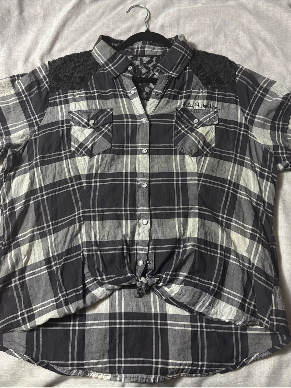 Harley-Davidson Black and White Plaid Womens Button-Up Top with Lace Shoulders